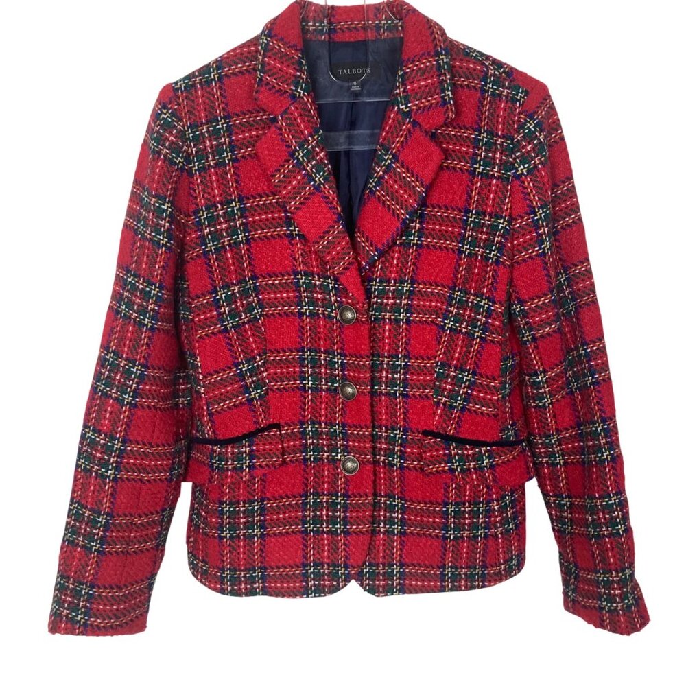 Talbots Red Plaid Wool Blend Blazer Jacket Womens 6 Festive Preppy Professional